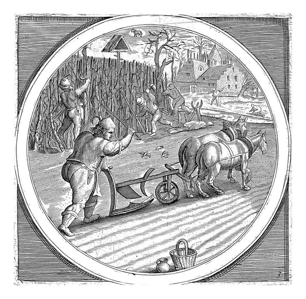 耕作的农民和修剪葡萄树的农民 在属于三月的黄道带星座的中间 白羊座 — 图库照片
