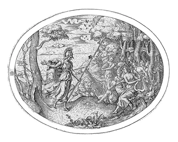 ミネルバは森の中で一緒に座って楽器を演奏するマウスに向かって歩きます 楕円形のフレームでは ラテン語でエッジレタリング — ストック写真