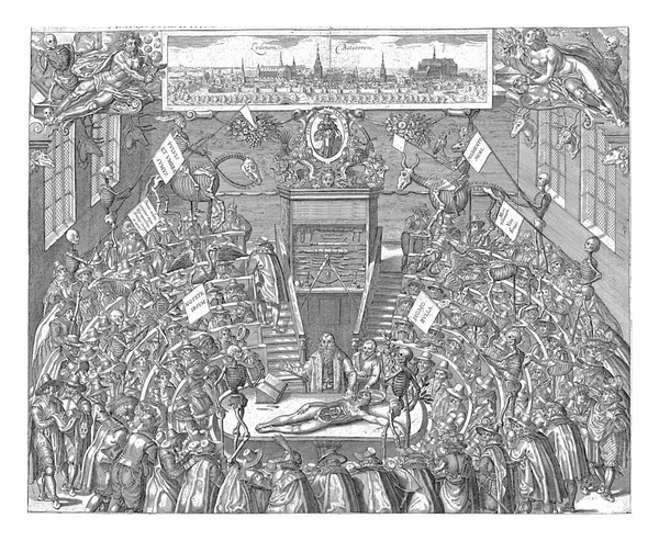 1609年 ライデン大学の解剖学劇場で 中央の教授 Petrus Paow 解剖された人間の体がテーブルの後ろに立っている解剖学を教えています — ストック写真