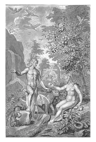 낙원에 동물들 가운데는 과하와 있었습니다 하와는 나무에서 아담에게 사과를 줍니다 — 스톡 사진