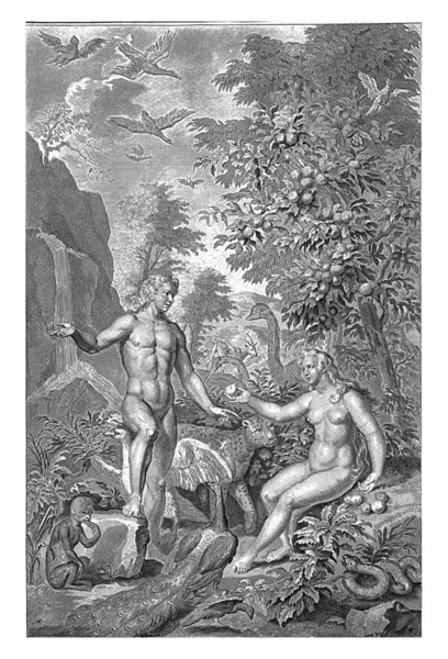 Adam and Eve among the animals in paradise. Eve offers Adam an apple from the forbidden tree. The serpent that tempted Eve to eat fruit from the tree is hiding under a bush.