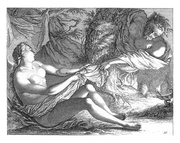 天蓋の下のオイルランプの近くの裸のニンフは 彼女のローブによって木の後ろのサテュロスによって引っ張られます — ストック写真