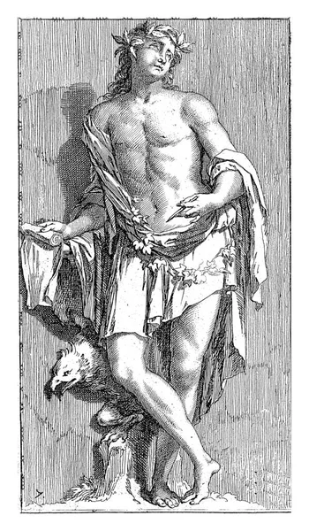 右手に巻物を持った半裸の青年が 歌の装身具として頭と腰の周りに残されている — ストック写真