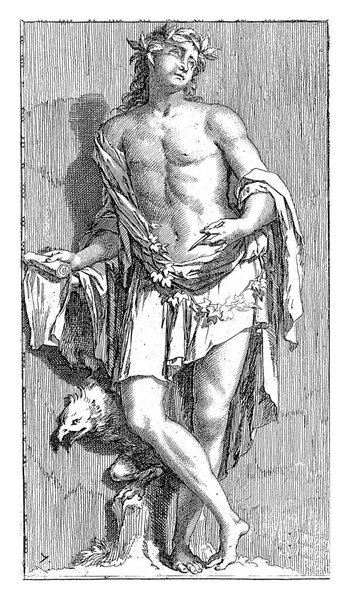 A half-naked young man with a scroll in his right hand and leaves around his head and waist as a personification of poetry.