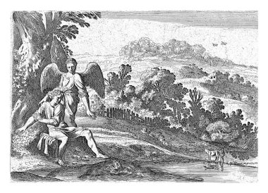 Tobias suyun kenarında oturur ve sudaki balığı görünce geri çekilir. Melek onun arkasında. 2 olarak numaralandırıldı.