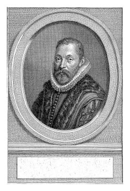 Oval bir odada Johannes Wtenbogaert 'in portresi. Portre, ismi için boş bir tarla bulunan bir kaide üzerinde duruyor..