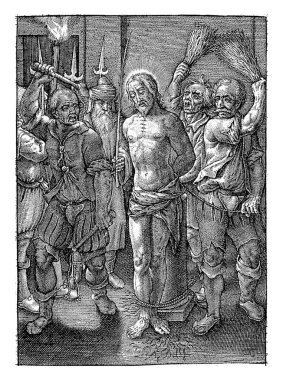 İsa 'nın kırbaçlanması, Hieronymus Wierix, 1563 - 1619' dan önce bir sütuna bağlı olan İsa askerler tarafından kırbaçlanır. Arka planda Pilatus saatleri.