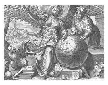 Astroloji, başının etrafında bir takımyıldızı olan kanatlı bir kadın, gök küresindeki bir pusula ile takımyıldızların arasındaki mesafeyi ölçer. Bakışları göklere bakıyor..