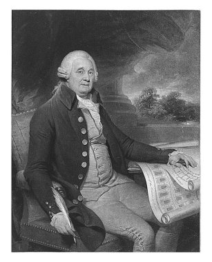 Mimar John Carr bir masaya oturur ve elini iki mimari çizimin üzerine koyar. Öte yandan elinde bir kalem var. Arka planda bir manzara.