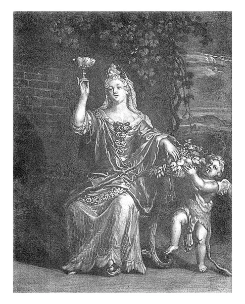 秋の法的な表現 女性は自分の手にゴブレットを持っており 一方ではパテが保持するバスケットから果物を取る — ストック写真