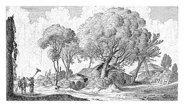 木が並ぶ農場の風景 前景では2人の農民 プリントは12の風景のシリーズの一部です — ストック写真