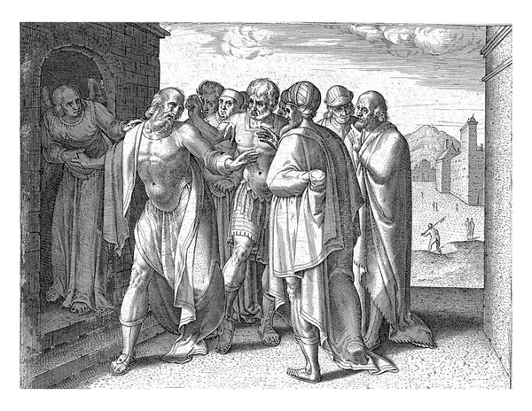 At the door of his house, Lot tries to calm the men of Sodom. The men beg him to let his guests out so they can take them.