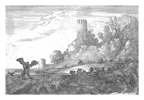 雅各和天使摔跤 一只狗对着战士吠叫 在背景中 河上有两座塔 一群牧羊人沿着塔走过 — 图库照片