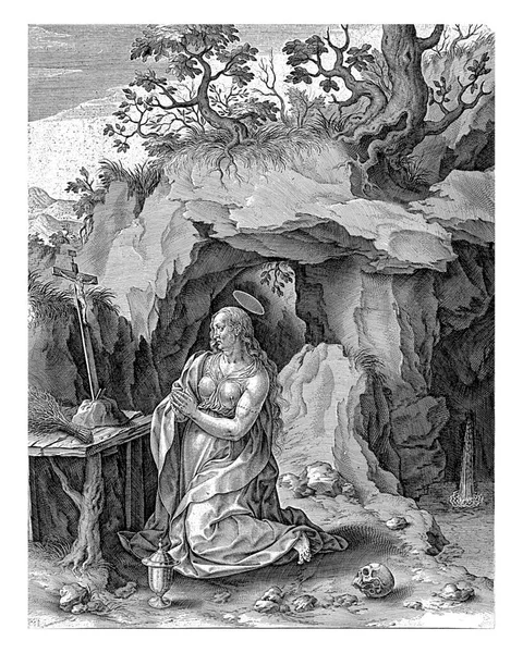 Penitent Mary Magdalene Prays Crucifix Cave Waterfall Flows Cave Her — Stock Photo, Image