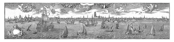 ニウエ マアスから見たロッテルダムの眺め 船と川の前景では 中央にセントローレンスケルクと都市を背景に — ストック写真