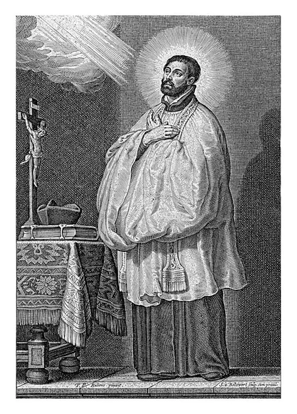 Svatý František Xavier Vzhlíží Úctě Nebi Pod Představení Text Latině — Stock fotografie