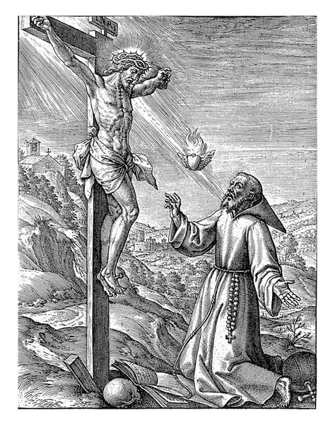 Franciszek Asyżu Przed Ukrzyżowanym Chrystusem Hieronimem Wierixem 1563 Przed 1619 — Zdjęcie stockowe
