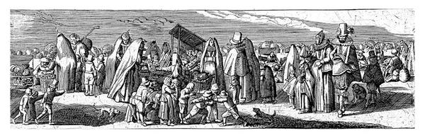 蔬菜摊位的数字 Jan Van Velde 1603 1652年 蔬菜市场上穿着华丽的女士们先生们 左边是一个蔬菜摊位 有些女士在那里 穿着斗篷 — 图库照片