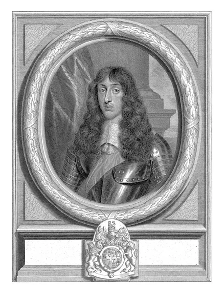 グロスター公爵ヘンリー スチュアートの肖像画 月桂冠を持つ楕円形のフレームの鎧に身を包んだバストピース 武器のコートとラテン文字の碑文のベース — ストック写真