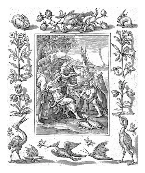 ティベリヤ湖のキリスト アントニーWierix マーテン ヴォスの後 1582 1586キリストはティベリヤ湖の海岸に座って 魚をキャッチする方法について彼の弟子たちを指示します — ストック写真