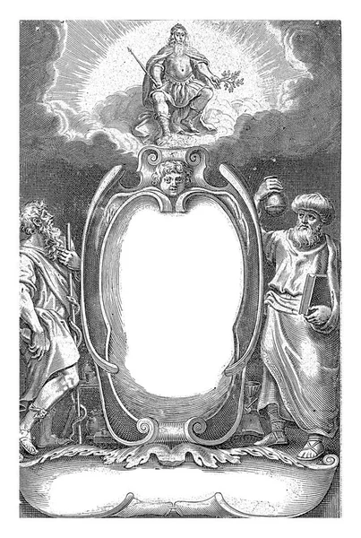 Cartouche Titled Latin Flanked Aesculapius God Medicine Piss Glass Clouds — Stok fotoğraf