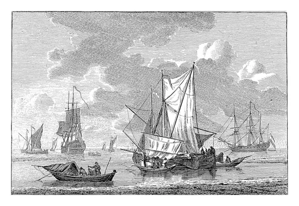 異なるセーリング船やボートと海の風景 このプリントは 水上に異なる帆船を持つ6枚のプリントの一部です — ストック写真