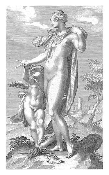 Venus Extiende Mano Cupido Intenta Detenerla Está Pie Con Pie — Foto de Stock