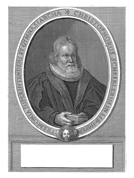 德国哲学家 神学家克里斯多夫 施皮勒的肖像 头戴长袍 胸部为椭圆形框架 在肖像画下面有一首拉丁文诗 — 图库照片