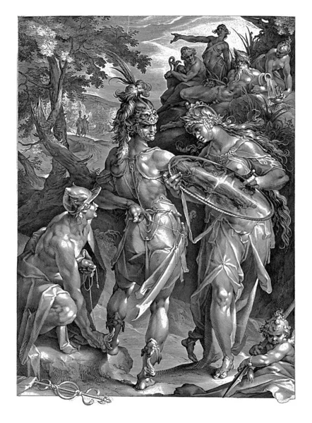 미네르바 머큐리의 페르세우스는 메두사와 싸우기 싸우게 미네르바는 방패를 머큐리는 페르세우스의 — 스톡 사진