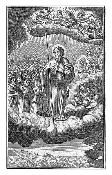 セントトーマス雲の上に立って 彼の左手に槍 彼の右側には 7人の眠っている人が 彼の左側にヤシの枝を持つ殉教者の数が多い ミラー画像のコピー — ストック写真
