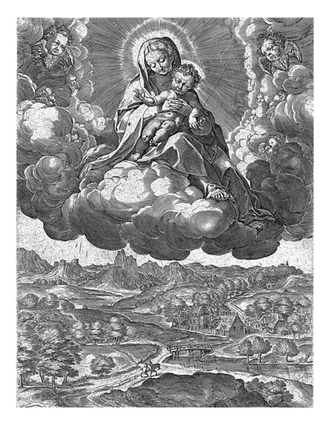 Maryja Dzieciątkiem Chrystusa Chmurach Johannes Wierix Maerten Vos 1584 Maryja — Zdjęcie stockowe
