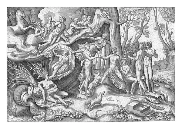 1553年のロッソ フィオレンティーノの死後のパリの判決 Balthazar Van Den Bos 羊飼いパリは彼らの美しさによってオリンパスの3つの最も美しい女神を判断する必要があります — ストック写真