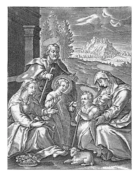 施洗约翰为儿童 圣以利沙白 乔安娜 1626 1676圣家 施洗约翰和他的母亲以利沙白在一座山上的房子前 — 图库照片