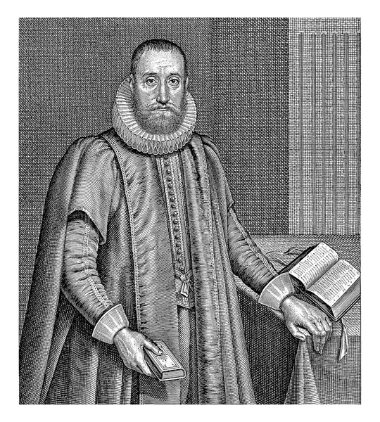 アブラハム アウレリウスの肖像 フランスプロテスタント教会のロンドンの英国牧師 彼は聖書を手にしたテーブルの隣に立っています — ストック写真