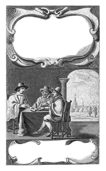 3人の男が家のテーブルに座り本の内容を話し合う 窓からは二人の男と教会の塔が見える — ストック写真