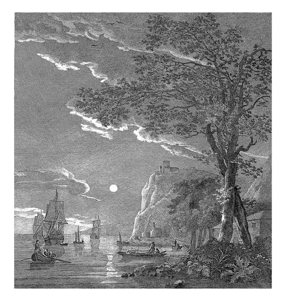 ムーンライトF Musculus Aelbert Cuyp 1750 1799月明かりによる海岸線の風景 セーリング船は海上を航海しており 前景にはボートとフラットバージがあります — ストック写真