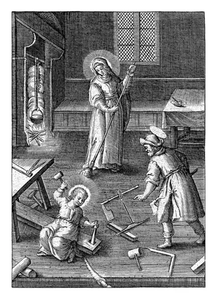 基督帮助约瑟 西门盖尔 1581 1633基督的孩子帮助约瑟做木匠 玛丽在后面打扫房子 — 图库照片
