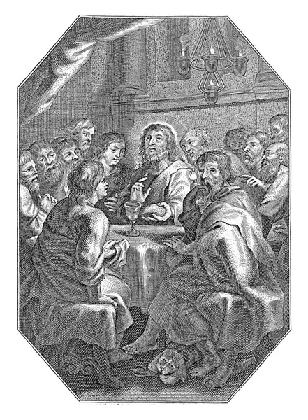 最後の晩餐 コルネリス 1586年 1650年キリストは最後の晩餐のために弟子たちと一緒にテーブルに座っておられます パンを手に持ち 礼拝の言葉を語る — ストック写真