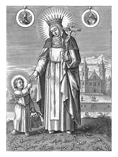 法国的圣女贞德 戴着王冠 手里拿着十字架 基督的孩子就站在她的旁边 法国圣女贞德是宣讲会的创办人 — 图库照片