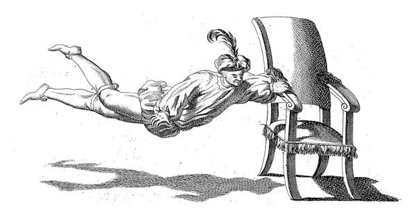 1728年 杰拉尔德斯 约瑟夫斯 萨瓦雷刻上古董字后 杂技演员在一张匿名椅子扶手上飘浮 — 图库照片