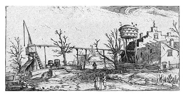 带有酿酒厂的风景 Esaias Van Velde 1645年 老式雕刻 — 图库照片