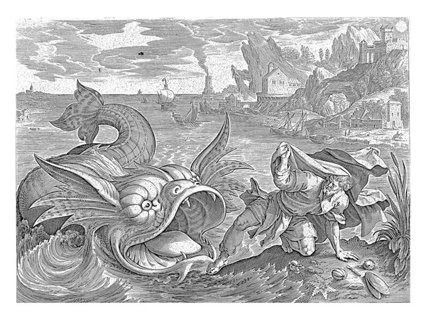 魚はジョナを陸に アントニー ウィリックス は1585年にマーテン ヴォス Maerten Vos 魚の腹の中で3日間と夜を過ごした後 魚は陸上でヨナを吐き出しました — ストック写真