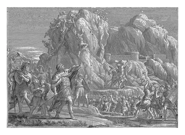 アレキサンダー大王の軍隊はペトラのエジプトの岩の街の門に立っています 岩の上でまだ激しい戦いがあります アレクサンダーは立って 戦いと街を見下ろす — ストック写真