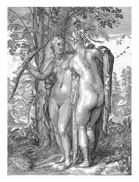 Vor Einem Baum Stehen Die Nackte Diana Mit Pfeil Und — Stockfoto