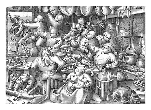 厨房的内部 一群肥胖的人享用各种食物和饮料 右边是炉灶中的烹调和烘烤 — 图库照片