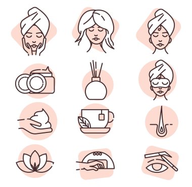 Güzellik simgesi seti, illüstrasyon veya simge, beyaz arkaplan üzerindeki vektör.
