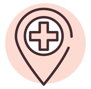 Hastane konumu, illüstrasyon veya simge, beyaz arkaplan üzerindeki vektör.