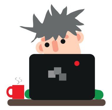 Beyaz arkaplan üzerinde çalışan bir bilgisayarın önündeki adam, illüstrasyon veya simge.