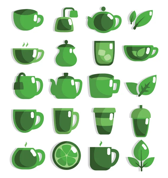 Σύνολο Εικονίδιο Πράσινο Τσάι Εικόνα Εικονίδιο Διάνυσμα Λευκό Φόντο — Διανυσματικό Αρχείο