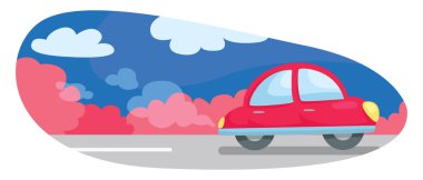 Yoldaki pembe araba, illüstrasyon, beyaz arka plandaki vektör..